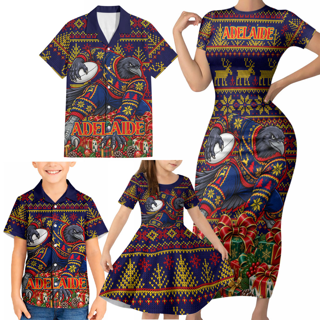 Personalized Adelaide Football Christmas Family Matching Short Sleeve Bodycon Dress and Hawaiian Shirt Australian Football Mascot - Ugly Xmas Pattern Festive