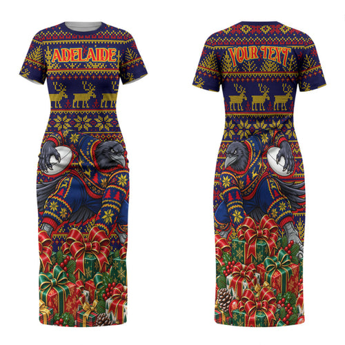 Personalized Adelaide Football Christmas Family Matching Short Sleeve Bodycon Dress and Hawaiian Shirt Australian Football Mascot - Ugly Xmas Pattern Festive
