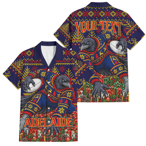 Personalized Adelaide Football Christmas Family Matching Short Sleeve Bodycon Dress and Hawaiian Shirt Australian Football Mascot - Ugly Xmas Pattern Festive