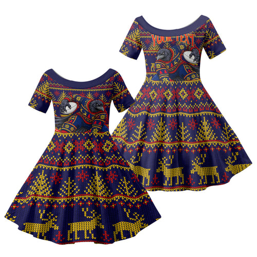 Personalized Adelaide Football Christmas Family Matching Short Sleeve Bodycon Dress and Hawaiian Shirt Australian Football Mascot - Ugly Xmas Pattern Festive
