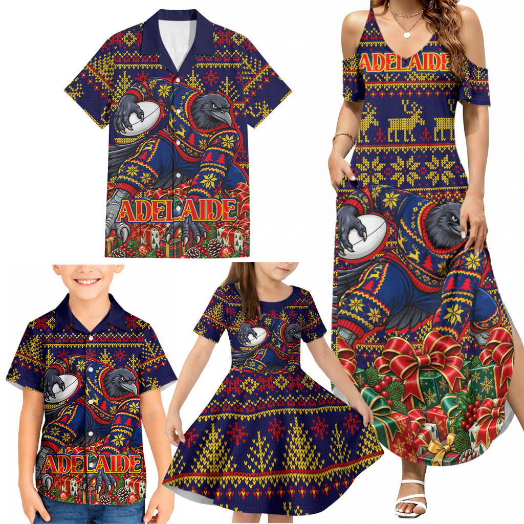 Personalized Adelaide Football Christmas Family Matching Summer Maxi Dress and Hawaiian Shirt Australian Football Mascot - Ugly Xmas Pattern Festive