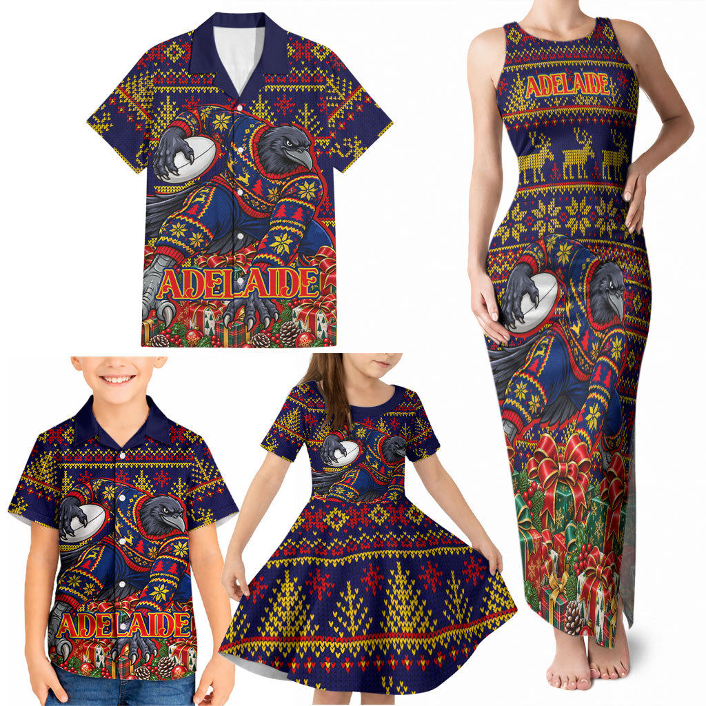 Personalized Adelaide Football Christmas Family Matching Tank Maxi Dress and Hawaiian Shirt Australian Football Mascot - Ugly Xmas Pattern Festive