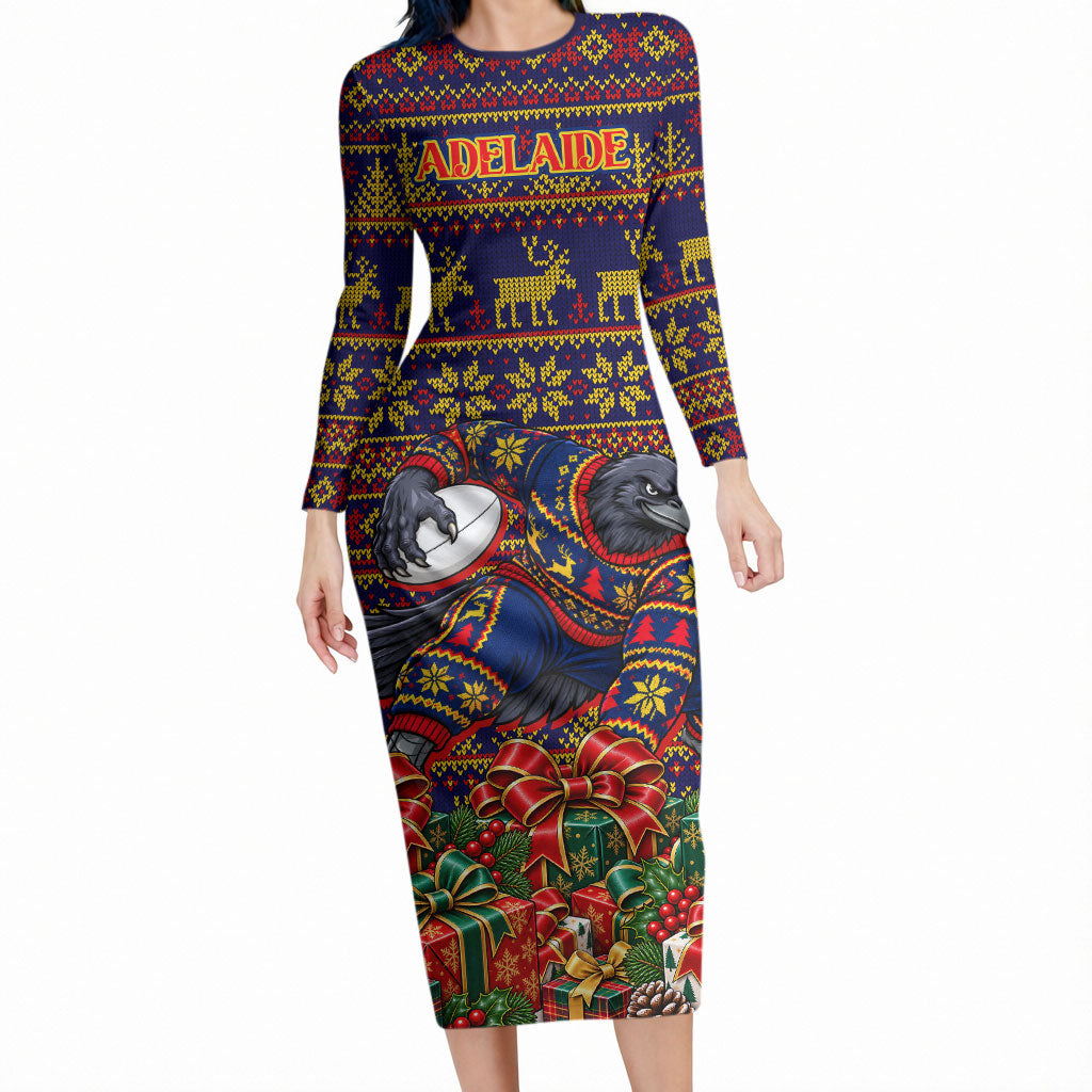 Personalized Adelaide Football Christmas Long Sleeve Bodycon Dress Australian Football Mascot - Ugly Xmas Pattern Festive