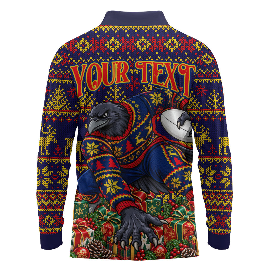 Personalized Adelaide Football Christmas Long Sleeve Polo Shirt Australian Football Mascot - Ugly Xmas Pattern Festive