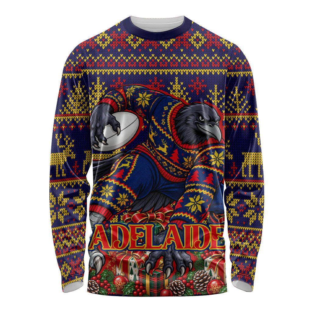 Personalized Adelaide Football Christmas Long Sleeve Shirt Australian Football Mascot - Ugly Xmas Pattern Festive