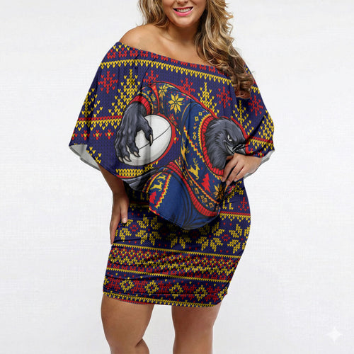 Personalized Adelaide Football Christmas Off Shoulder Short Dress Australian Football Mascot - Ugly Xmas Pattern Festive