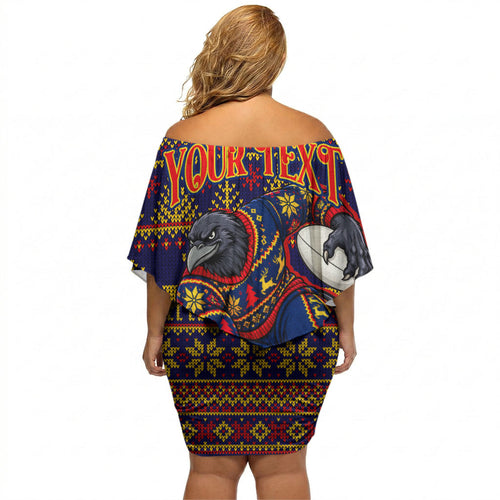 Personalized Adelaide Football Christmas Off Shoulder Short Dress Australian Football Mascot - Ugly Xmas Pattern Festive