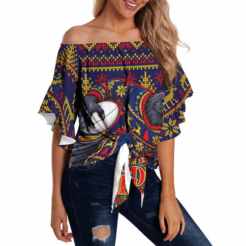 Personalized Adelaide Football Christmas Off Shoulder Wrap Waist Top Australian Football Mascot - Ugly Xmas Pattern Festive