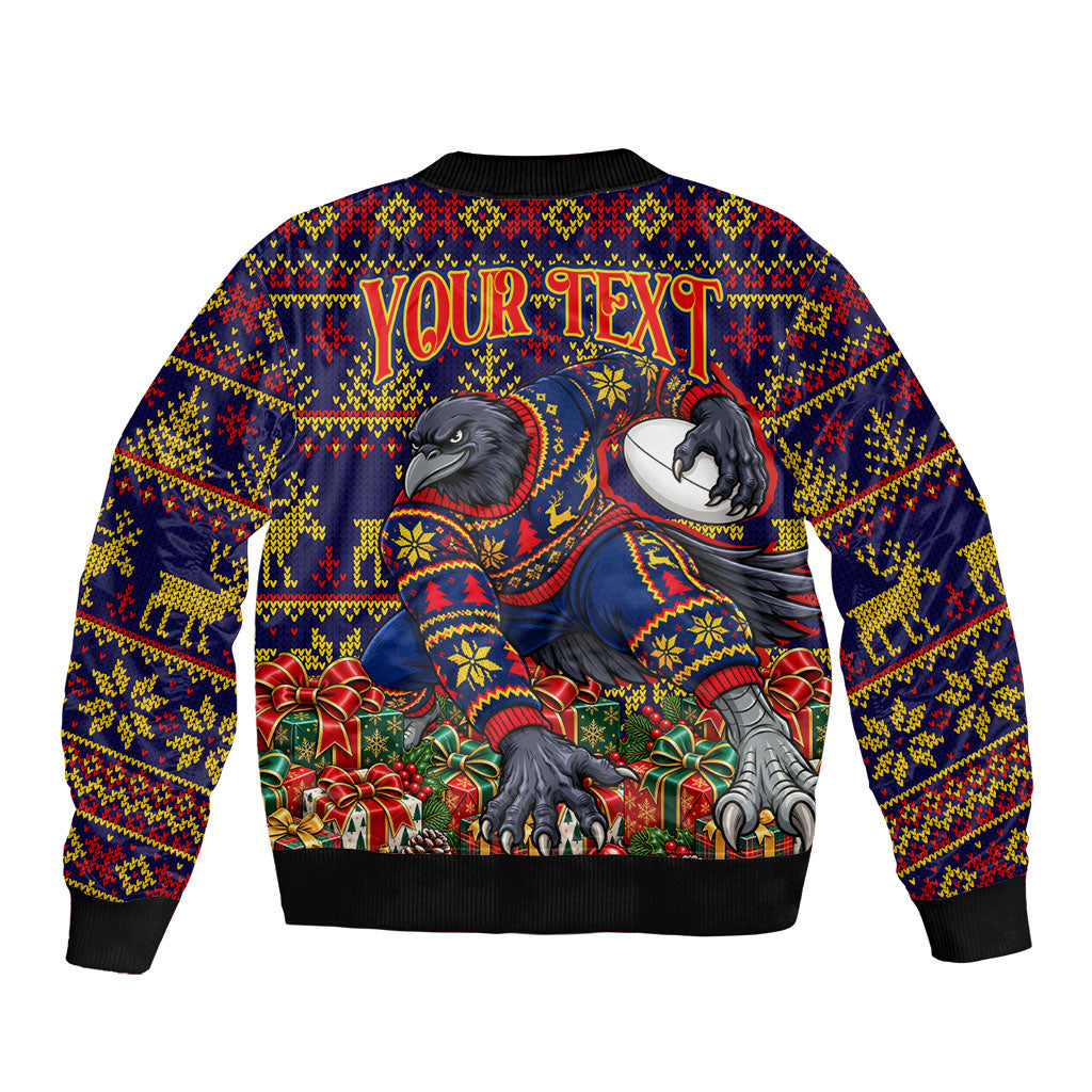 Personalized Adelaide Football Christmas Sleeve Zip Bomber Jacket Australian Football Mascot - Ugly Xmas Pattern Festive