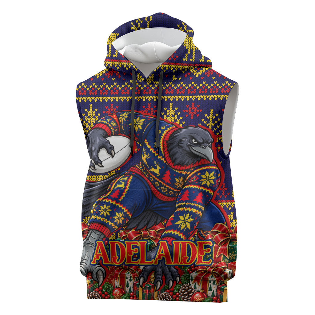 Personalized Adelaide Football Christmas Sleeveless Hoodie Australian Football Mascot - Ugly Xmas Pattern Festive