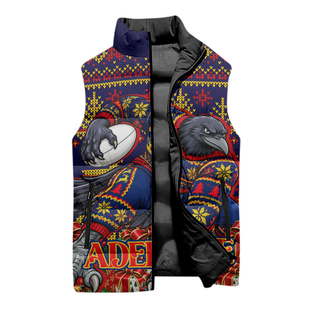 Personalized Adelaide Football Christmas Sleeveless Puffer Jacket Australian Football Mascot - Ugly Xmas Pattern Festive