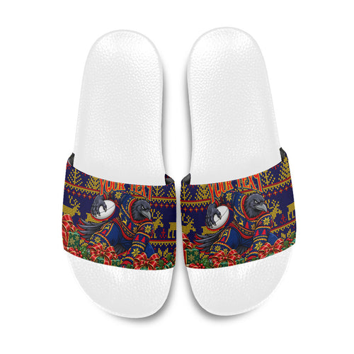 Personalized Adelaide Football Christmas Slide Sandals Australian Football Mascot - Ugly Xmas Pattern Festive