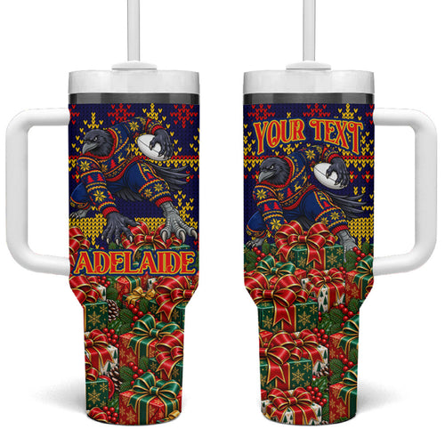 Personalized Adelaide Football Christmas Tumbler With Handle Australian Football Mascot - Ugly Xmas Pattern Festive