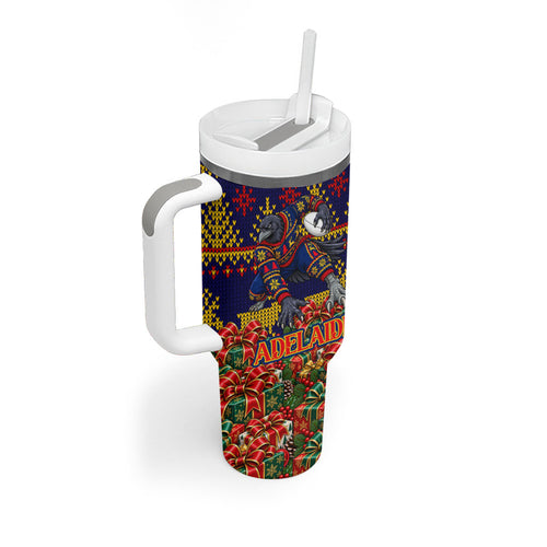 Personalized Adelaide Football Christmas Tumbler With Handle Australian Football Mascot - Ugly Xmas Pattern Festive