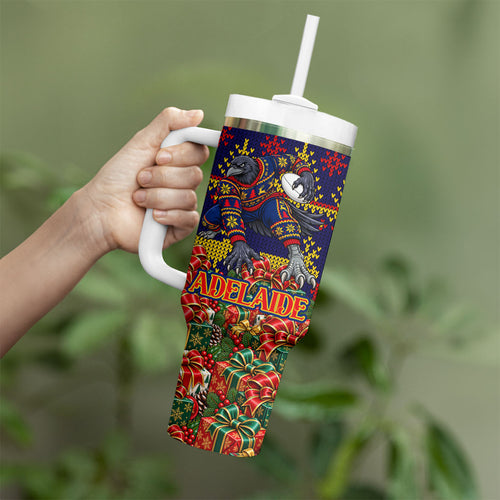 Personalized Adelaide Football Christmas Tumbler With Handle Australian Football Mascot - Ugly Xmas Pattern Festive