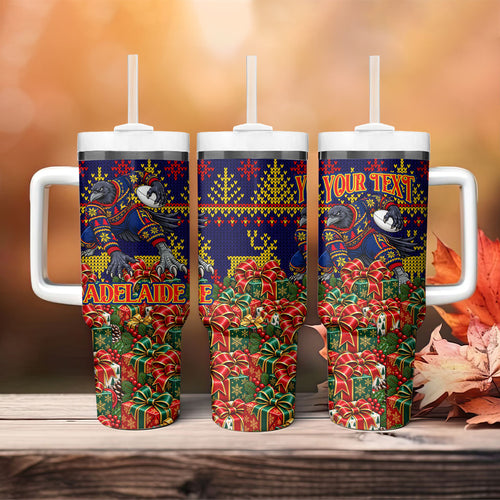 Personalized Adelaide Football Christmas Tumbler With Handle Australian Football Mascot - Ugly Xmas Pattern Festive