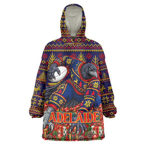Personalized Adelaide Football Christmas Wearable Blanket Hoodie Australian Football Mascot - Ugly Xmas Pattern Festive