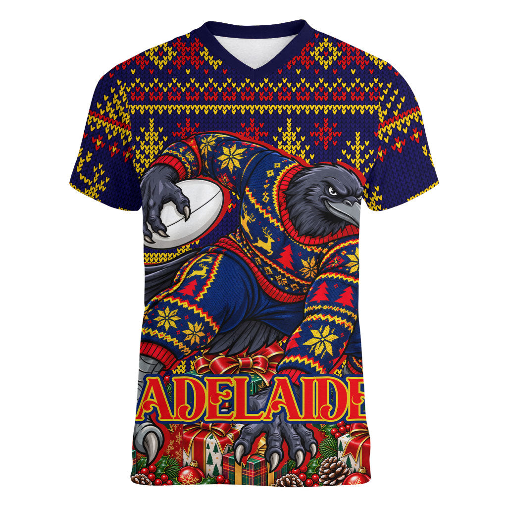 Personalized Adelaide Football Christmas Women V-Neck T-Shirt Australian Football Mascot - Ugly Xmas Pattern Festive