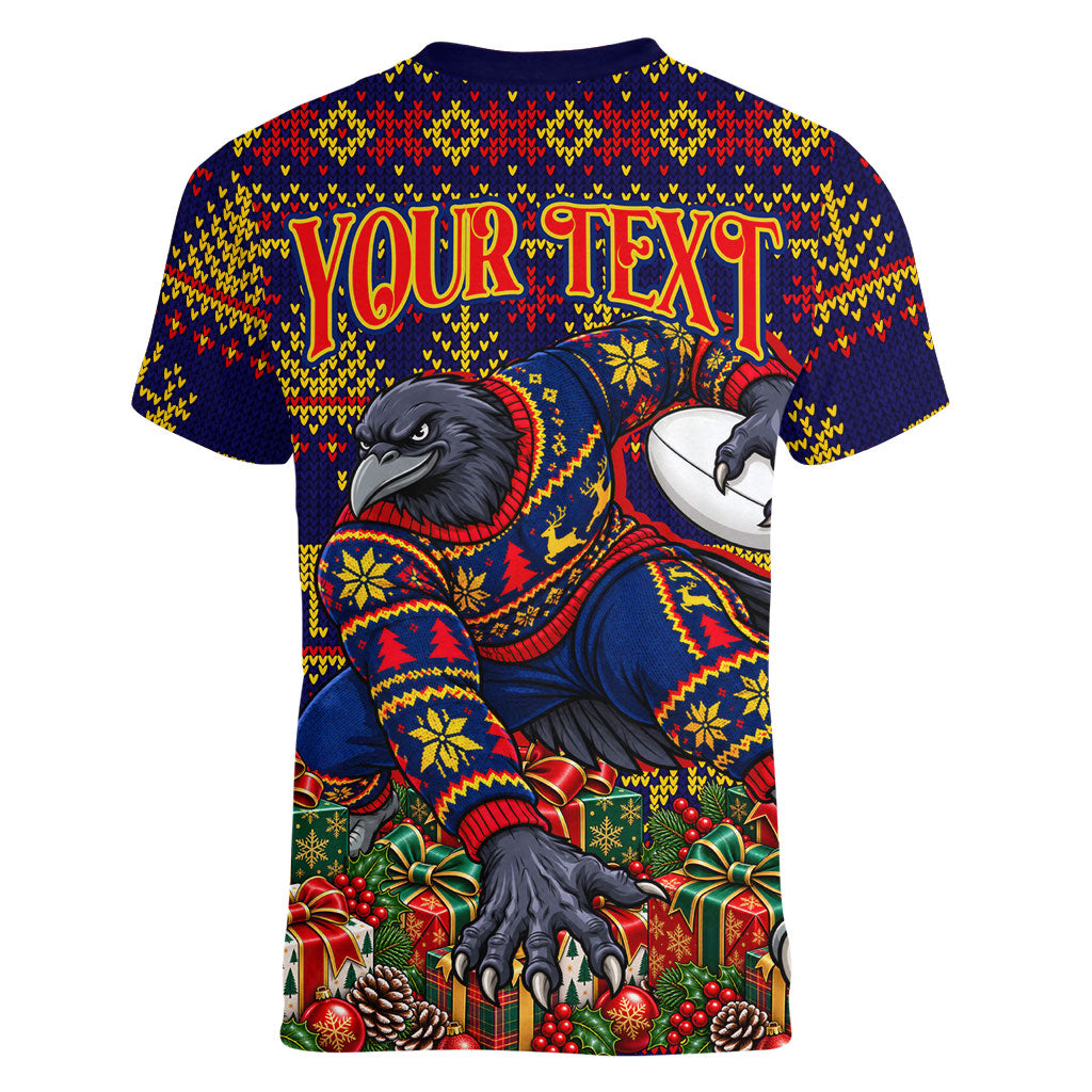 Personalized Adelaide Football Christmas Women V-Neck T-Shirt Australian Football Mascot - Ugly Xmas Pattern Festive