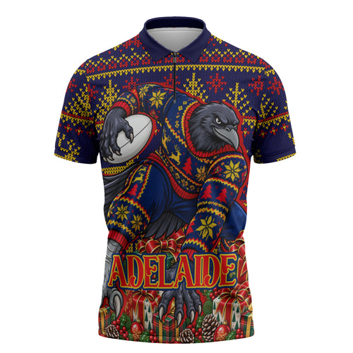 Personalized Adelaide Football Christmas Zipper Polo Shirt Australian Football Mascot - Ugly Xmas Pattern Festive