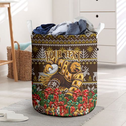 Personalized Hawks Football Christmas Laundry Basket Australian Football Mascot - Ugly Xmas Pattern Festive