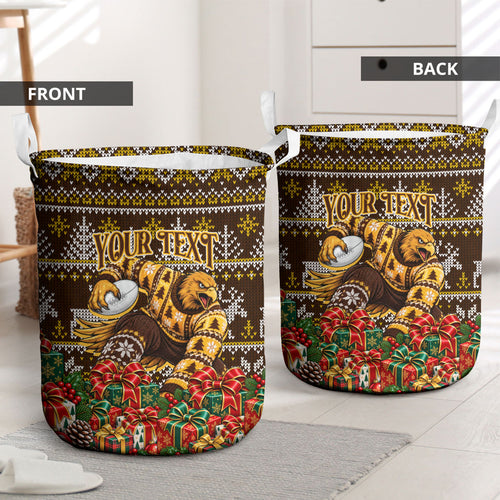 Personalized Hawks Football Christmas Laundry Basket Australian Football Mascot - Ugly Xmas Pattern Festive