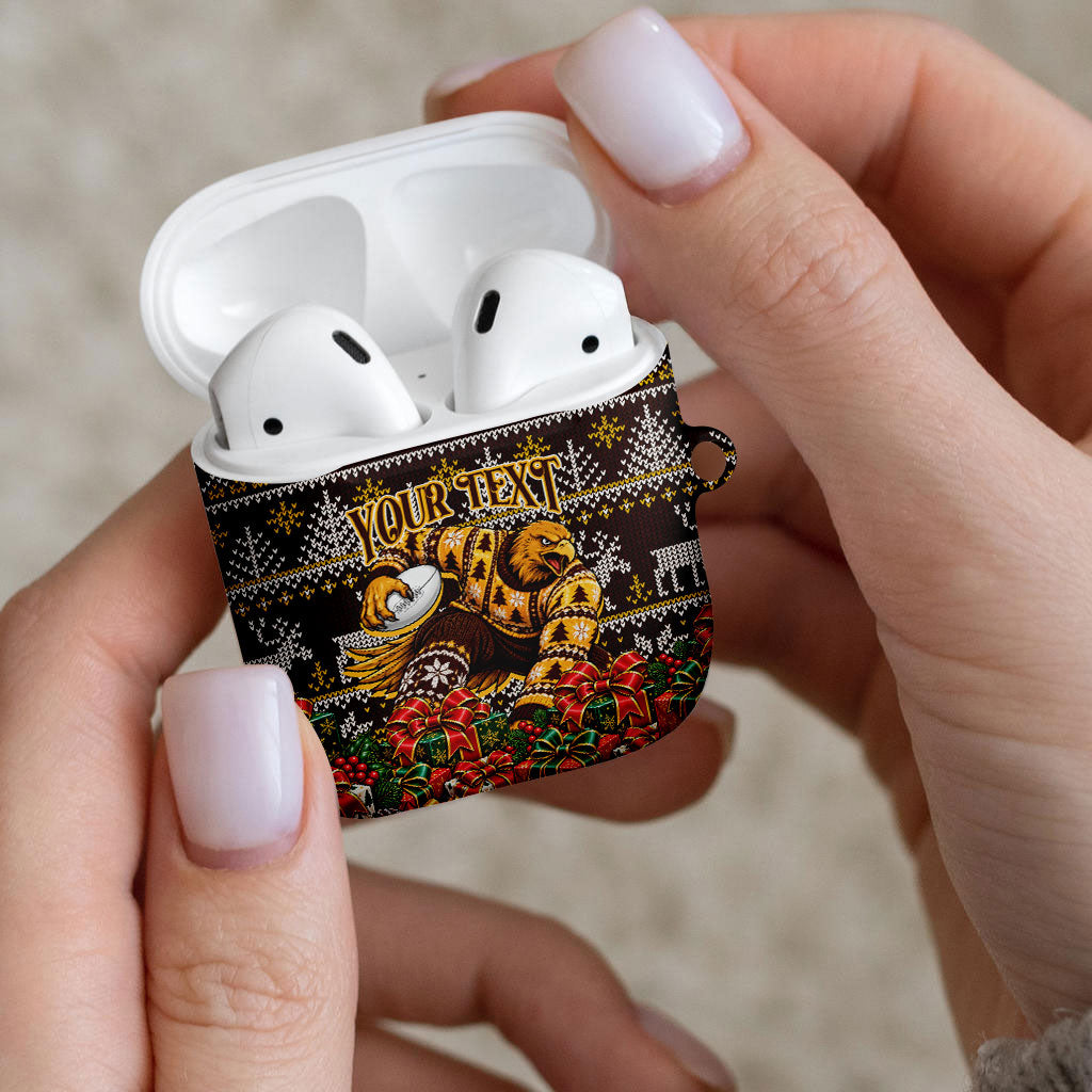 Personalized Hawks Football Christmas AirPods Case Australian Football Mascot - Ugly Xmas Pattern Festive