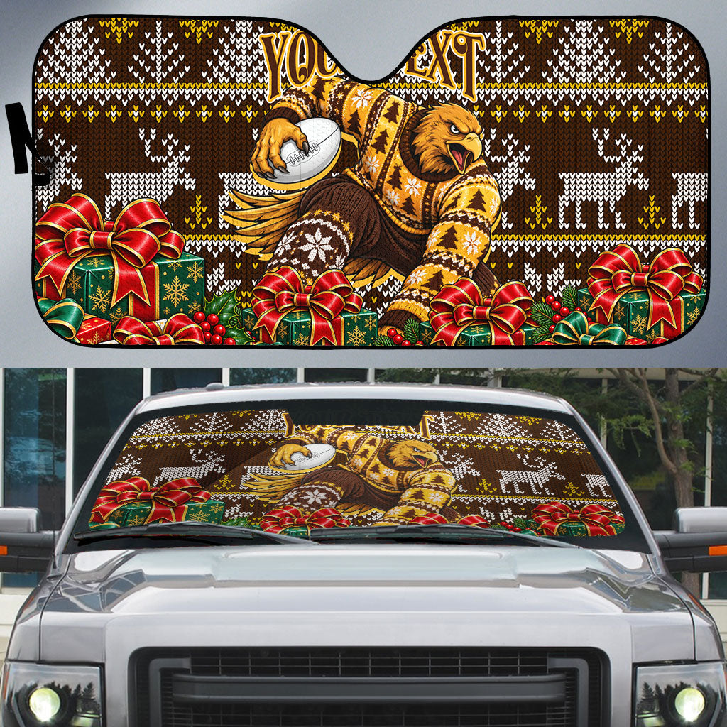 Personalized Hawks Football Christmas Auto Sun Shade Australian Football Mascot - Ugly Xmas Pattern Festive
