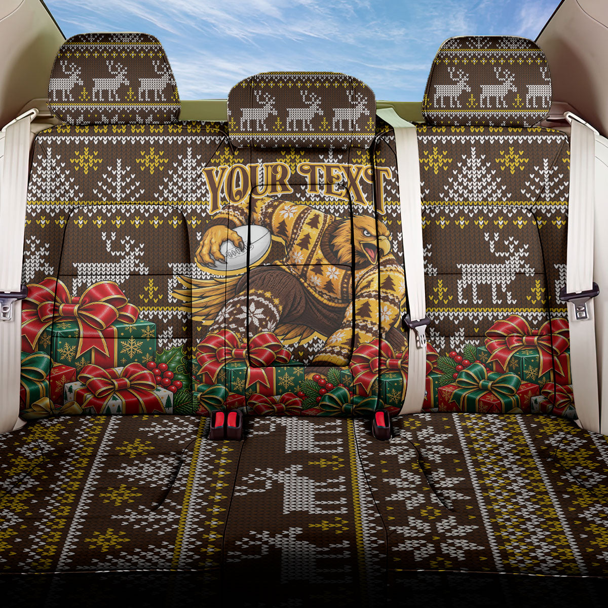 Personalized Hawks Football Christmas Back Car Seat Cover Australian Football Mascot - Ugly Xmas Pattern Festive