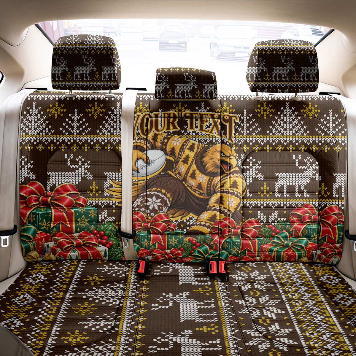 Personalized Hawks Football Christmas Back Car Seat Cover Australian Football Mascot - Ugly Xmas Pattern Festive