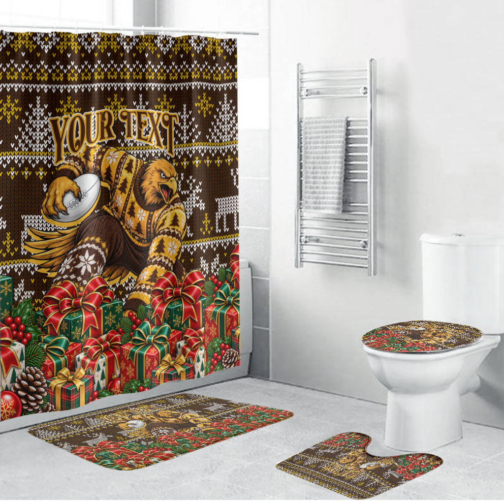 Personalized Hawks Football Christmas Bathroom Set Australian Football Mascot - Ugly Xmas Pattern Festive