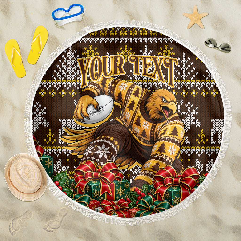 Personalized Hawks Football Christmas Beach Blanket Australian Football Mascot - Ugly Xmas Pattern Festive