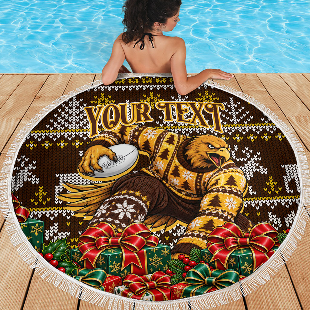 Personalized Hawks Football Christmas Beach Blanket Australian Football Mascot - Ugly Xmas Pattern Festive