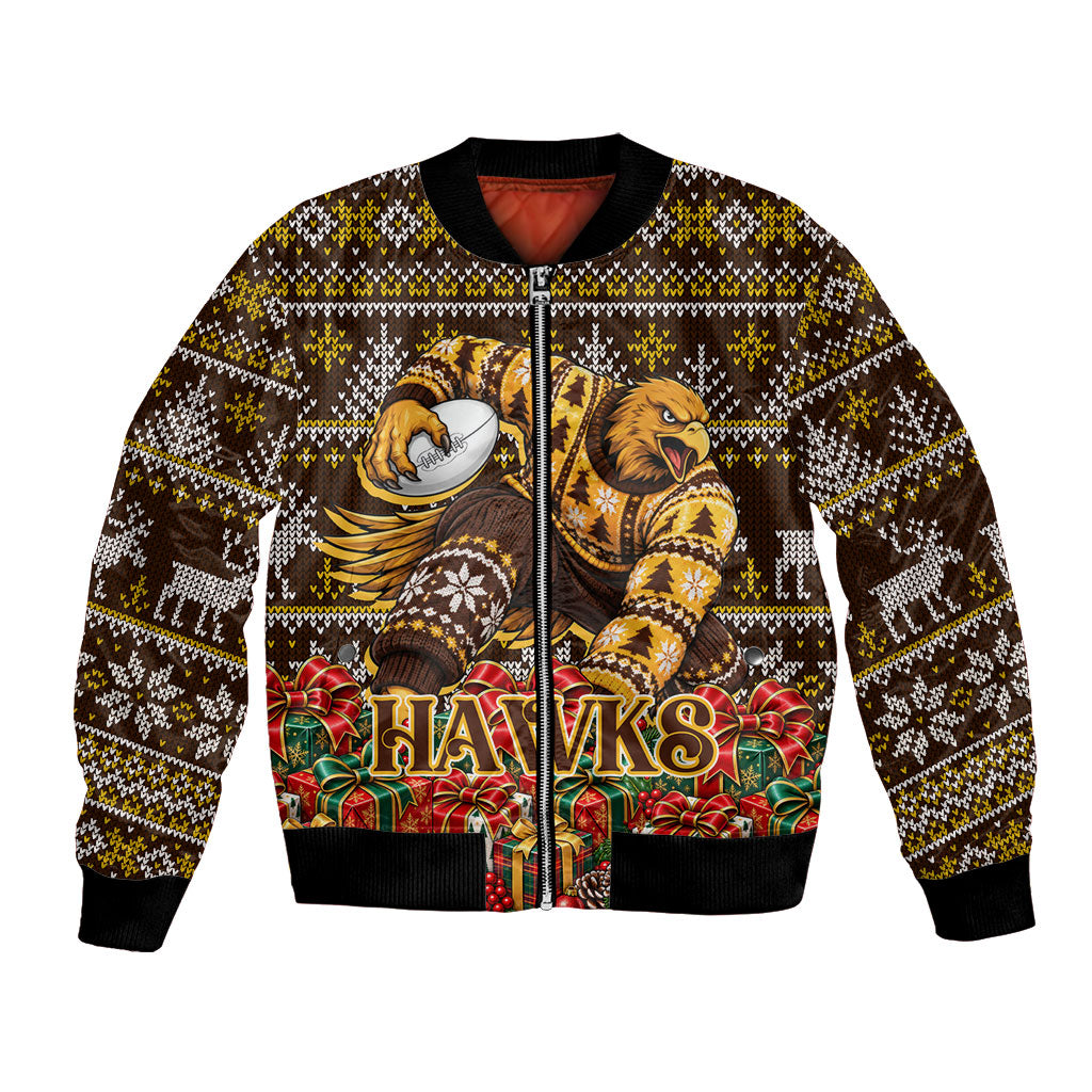 Personalized Hawks Football Christmas Bomber Jacket Australian Football Mascot - Ugly Xmas Pattern Festive