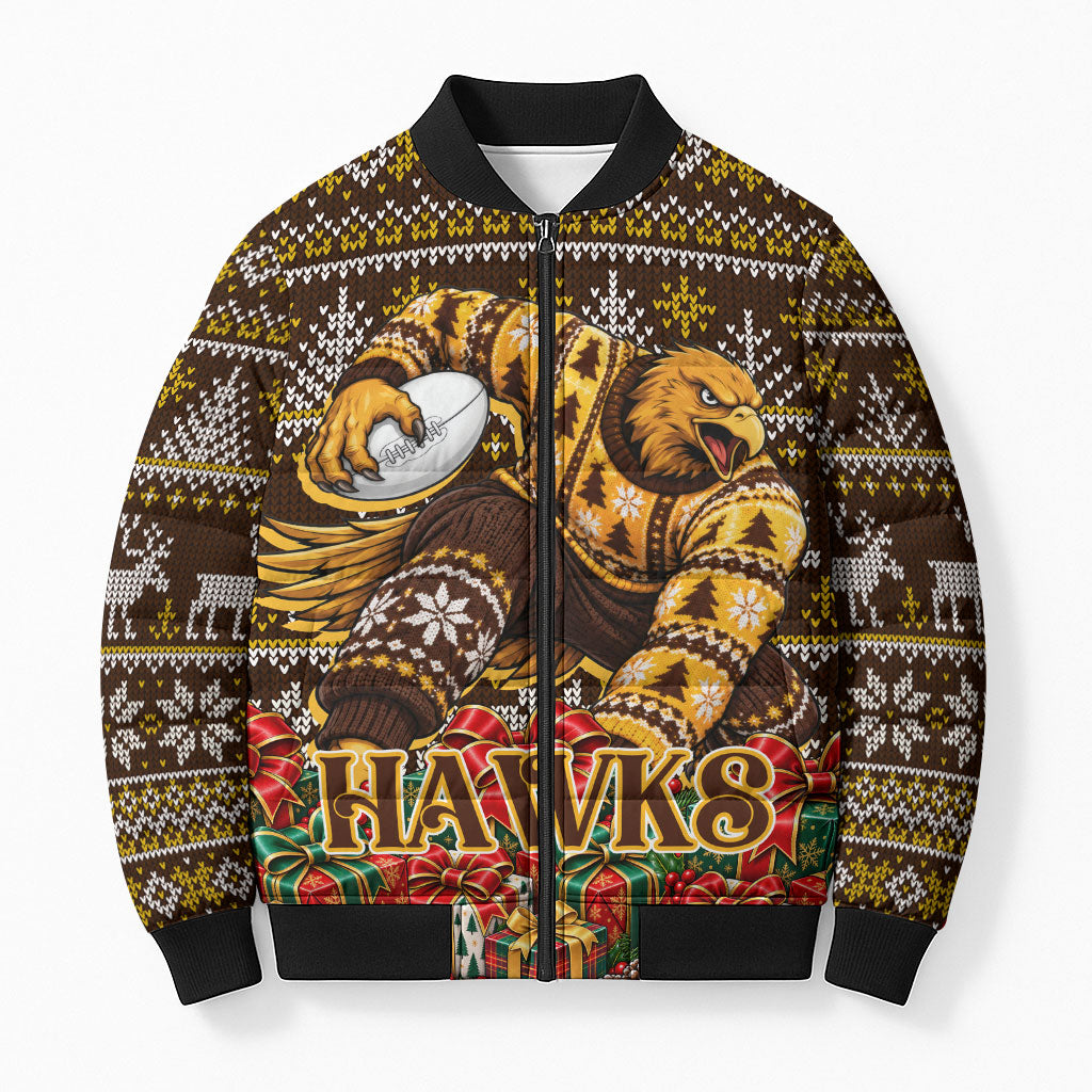 Personalized Hawks Football Christmas Bomber Puffer Jacket Australian Football Mascot - Ugly Xmas Pattern Festive