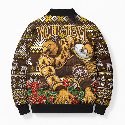 Personalized Hawks Football Christmas Bomber Puffer Jacket Australian Football Mascot - Ugly Xmas Pattern Festive