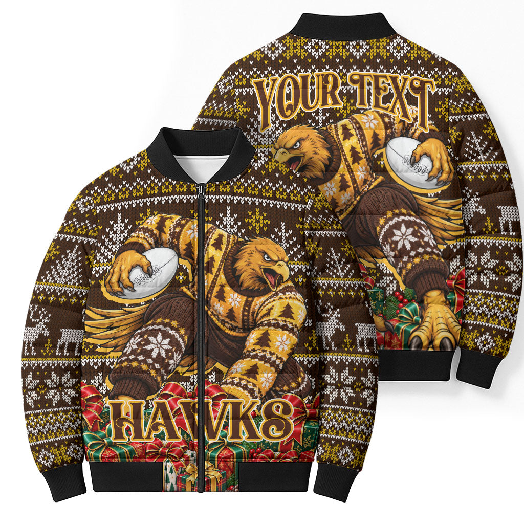 Personalized Hawks Football Christmas Bomber Puffer Jacket Australian Football Mascot - Ugly Xmas Pattern Festive