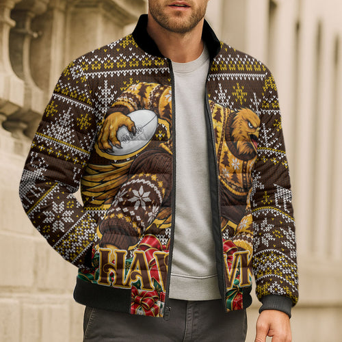 Personalized Hawks Football Christmas Bomber Puffer Jacket Australian Football Mascot - Ugly Xmas Pattern Festive