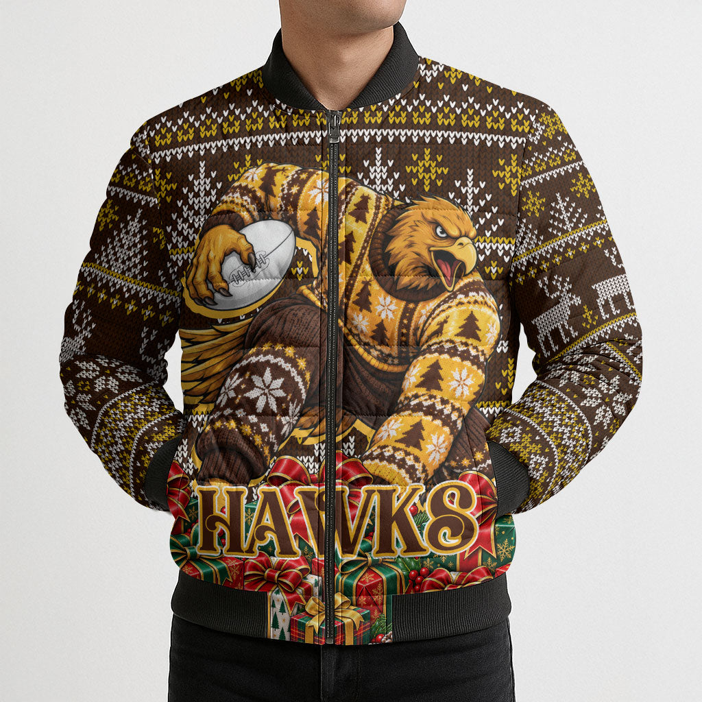 Personalized Hawks Football Christmas Bomber Puffer Jacket Australian Football Mascot - Ugly Xmas Pattern Festive