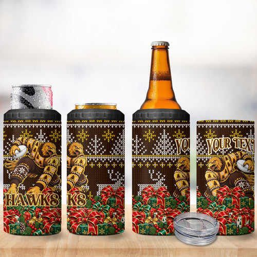 Personalized Hawks Football Christmas 4 in 1 Can Cooler Tumbler Australian Football Mascot - Ugly Xmas Pattern Festive
