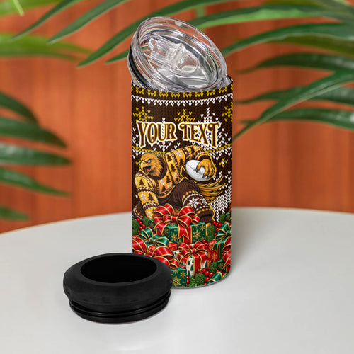Personalized Hawks Football Christmas 4 in 1 Can Cooler Tumbler Australian Football Mascot - Ugly Xmas Pattern Festive