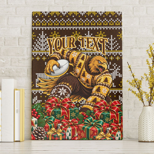 Personalized Hawks Football Christmas Canvas Wall Art Australian Football Mascot - Ugly Xmas Pattern Festive