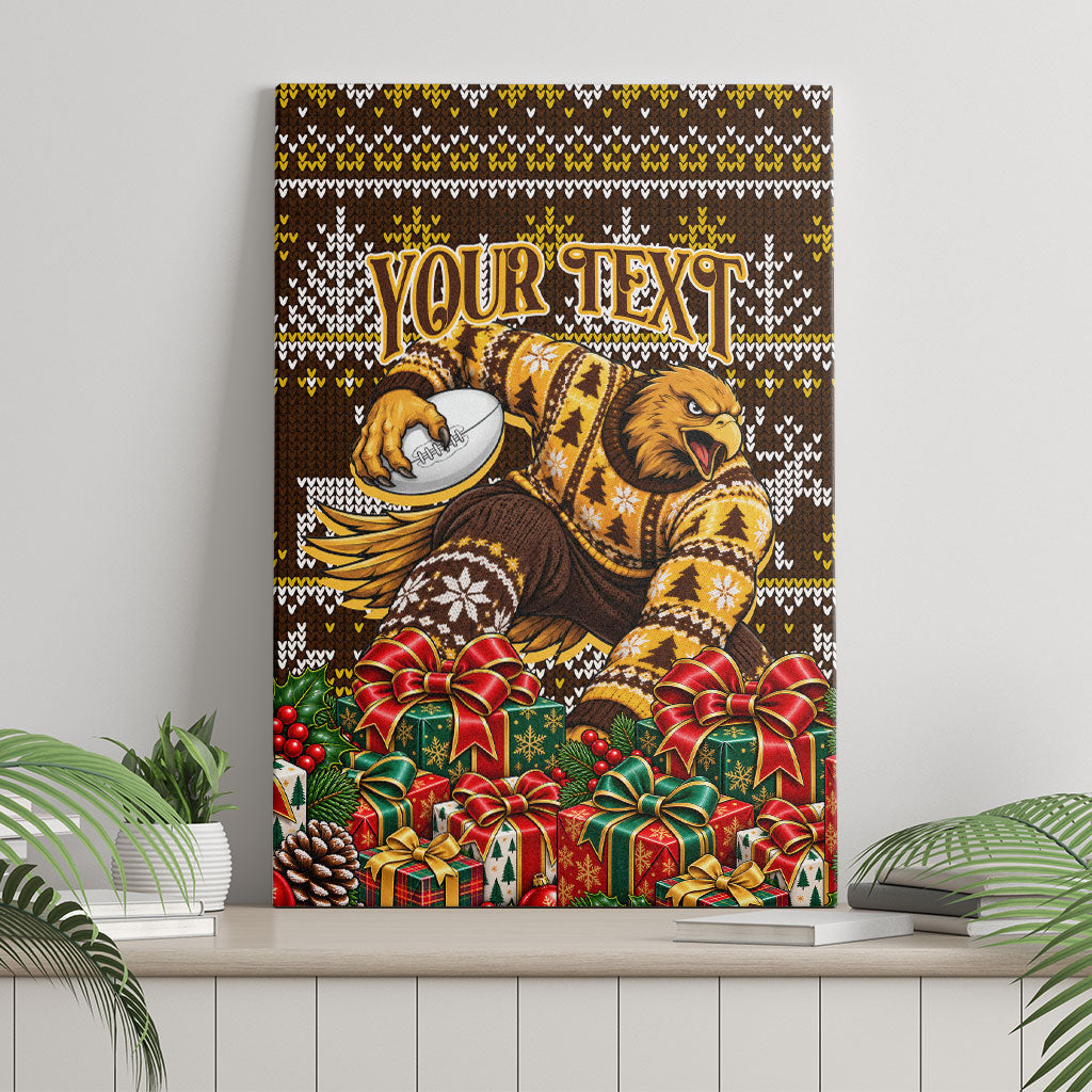 Personalized Hawks Football Christmas Canvas Wall Art Australian Football Mascot - Ugly Xmas Pattern Festive