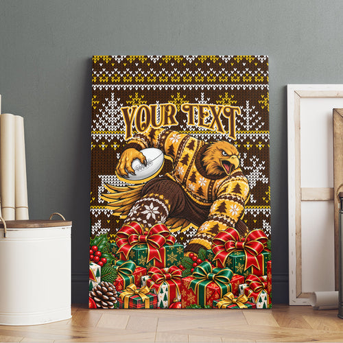 Personalized Hawks Football Christmas Canvas Wall Art Australian Football Mascot - Ugly Xmas Pattern Festive