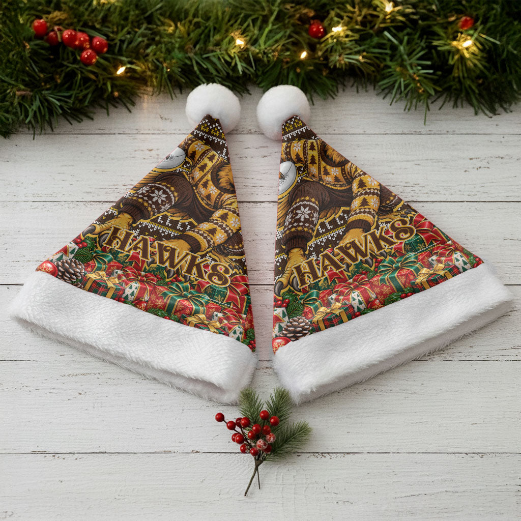 Hawks Football Christmas Santa Hat Australian Football Mascot - Ugly Xmas Pattern Festive