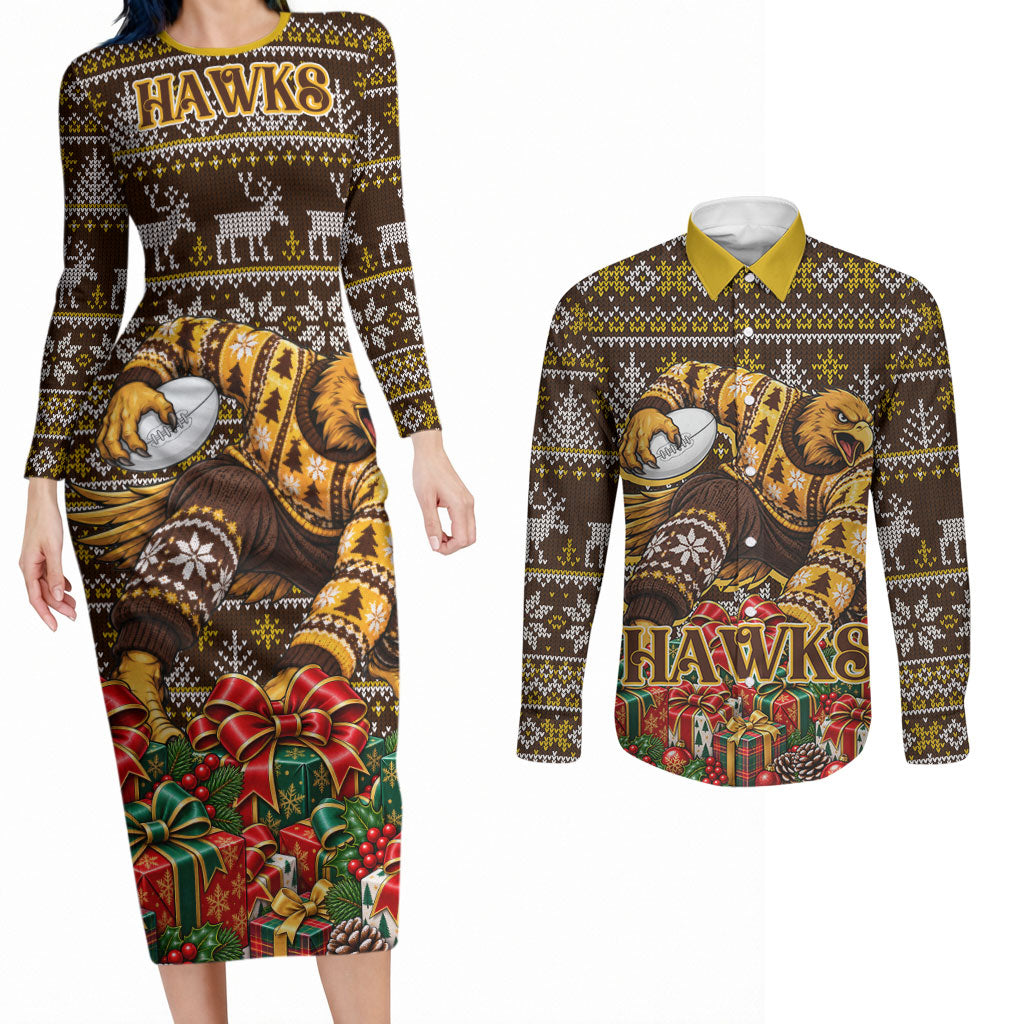 Personalized Hawks Football Christmas Couples Matching Long Sleeve Bodycon Dress and Long Sleeve Button Shirt Australian Football Mascot - Ugly Xmas Pattern Festive