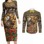 Personalized Hawks Football Christmas Couples Matching Long Sleeve Bodycon Dress and Long Sleeve Button Shirt Australian Football Mascot - Ugly Xmas Pattern Festive