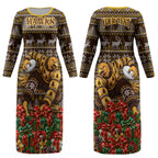 Personalized Hawks Football Christmas Couples Matching Long Sleeve Bodycon Dress and Long Sleeve Button Shirt Australian Football Mascot - Ugly Xmas Pattern Festive
