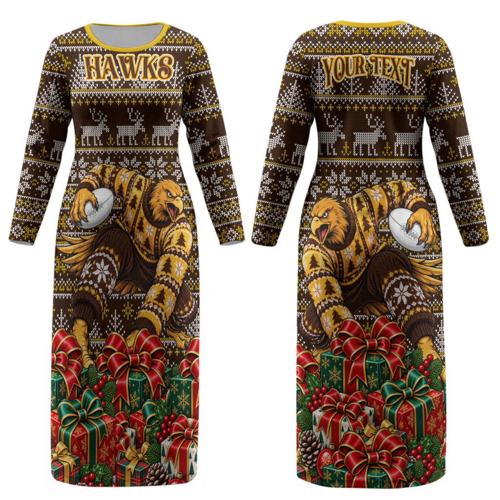 Personalized Hawks Football Christmas Couples Matching Long Sleeve Bodycon Dress and Long Sleeve Button Shirt Australian Football Mascot - Ugly Xmas Pattern Festive