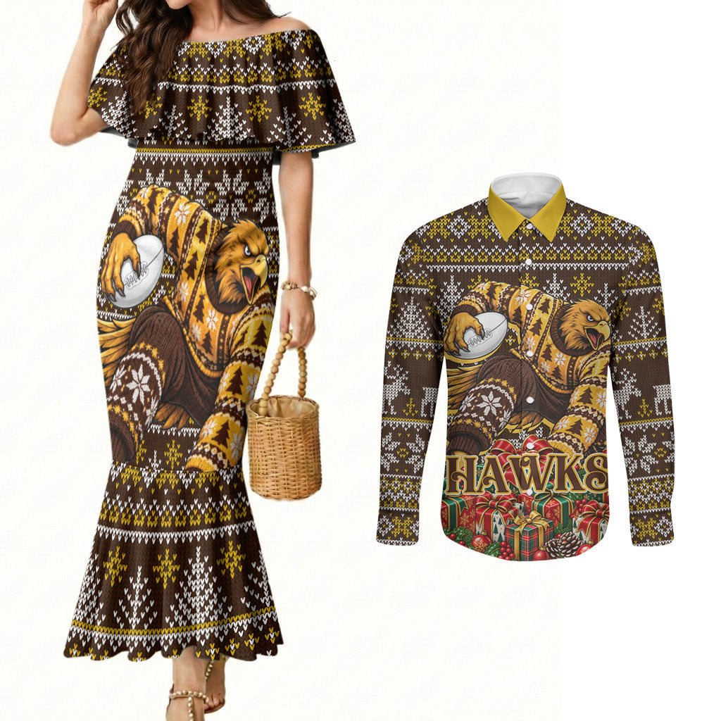 Personalized Hawks Football Christmas Couples Matching Mermaid Dress and Long Sleeve Button Shirt Australian Football Mascot - Ugly Xmas Pattern Festive